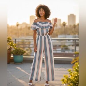 🌸 Striped Off-Shoulder Ruffle Jumpsuit — NWT